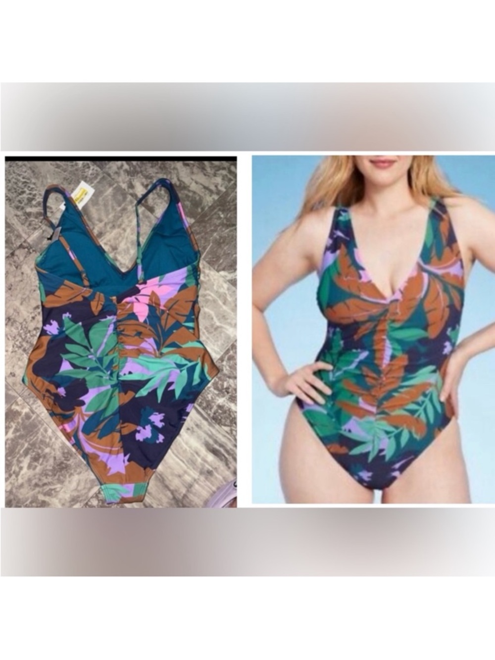 Shade & Shore Tropical Shirred Plunge One Piece Swimsuit Women’s L 12/14
